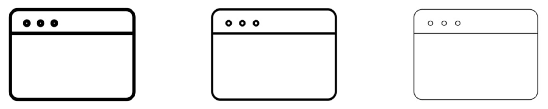 Set of web browser window icons with different line weights. User interface, navigation, web design and software concept. Vector illustration.