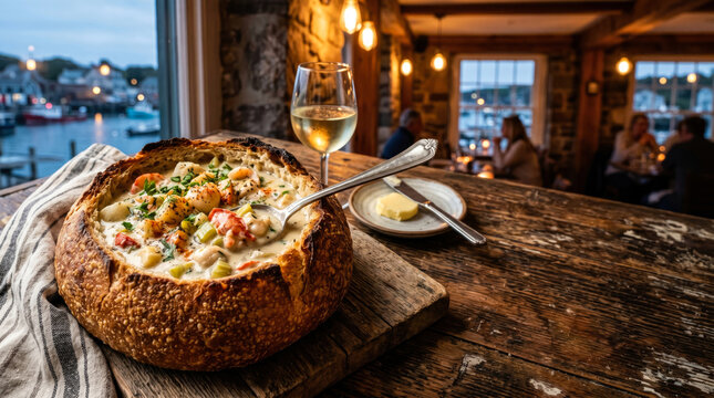 Hearty seafood chowder served in a hollowed bread bowl at a rustic waterfront restaurant with harbor view.