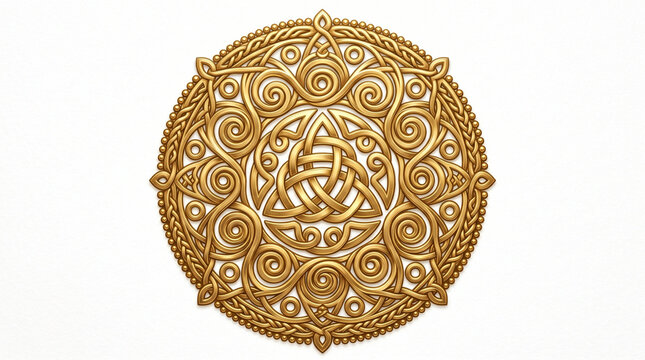 Luxury Golden Celtic Knot Mandala Design with Ornate Triquetra Symbol on White Background