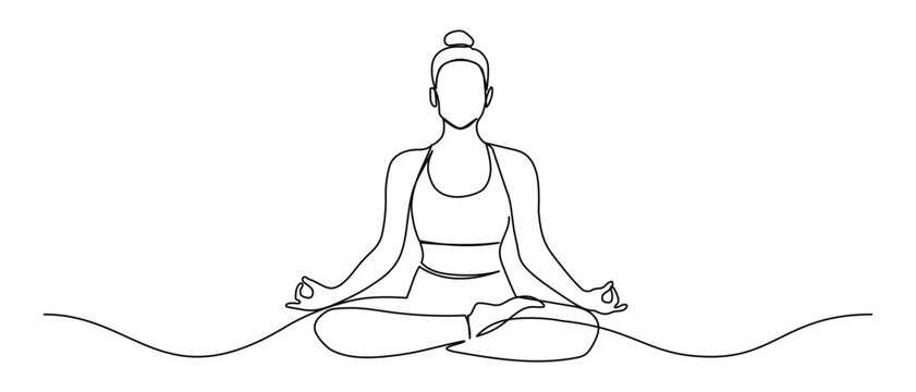 Continuous one line art drawing of Yoga meditation woman in lotus pose. Spiritual wellness and healthy living concept. Perfect for fitness class posters, gym designs or relaxation themes