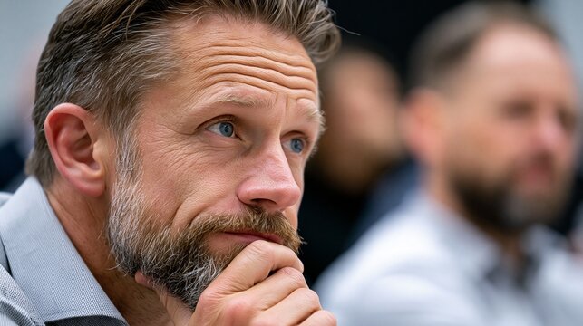 Nachdenklicher Mann mittleren Alters mit Bart h&auml;lt die Hand ans Kinn in einem unscharfen B&uuml;roumfeld.