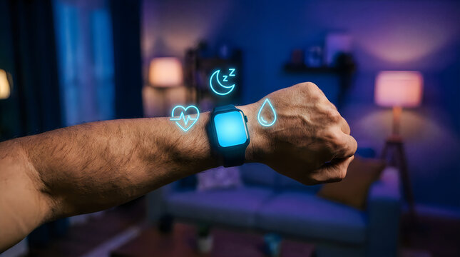 Smartwatch health tracking display with sleep heart rate hydration icons