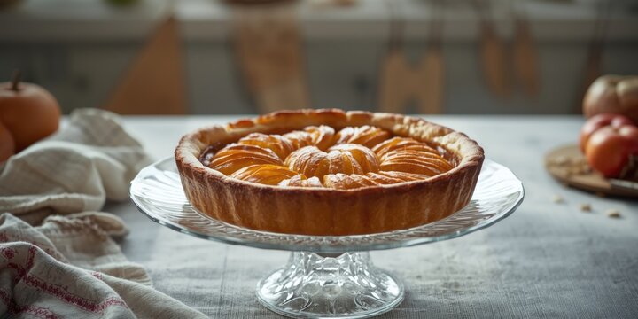 Classic apple kuchen with pie crust arranged on transparent plate