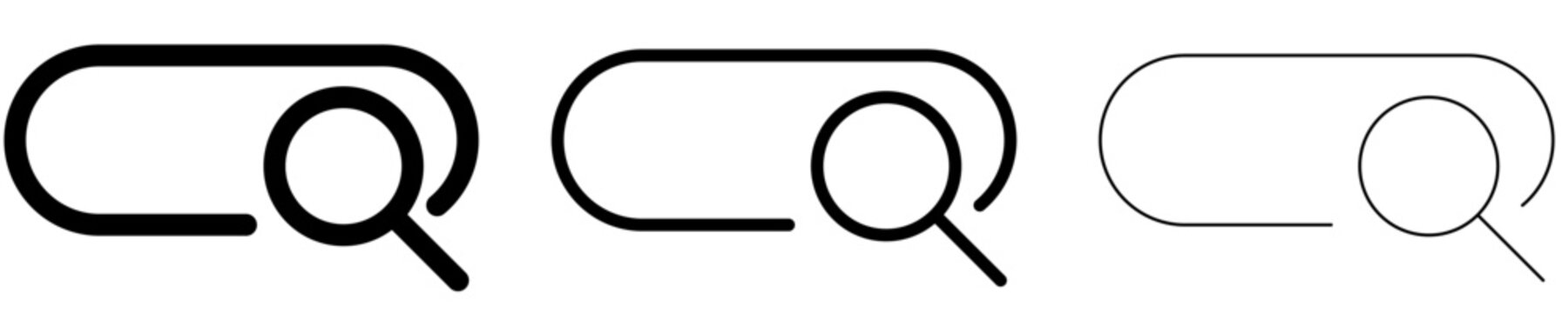 A set of line icons depicting a search bar and a magnifying glass. Black graphic elements with different stroke weights on a white background. Vector illustration.