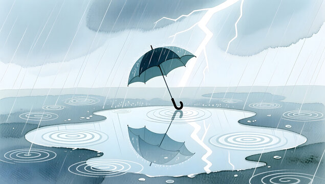 Thunderstorm rainy weather umbrella puddle fresh healing illustration