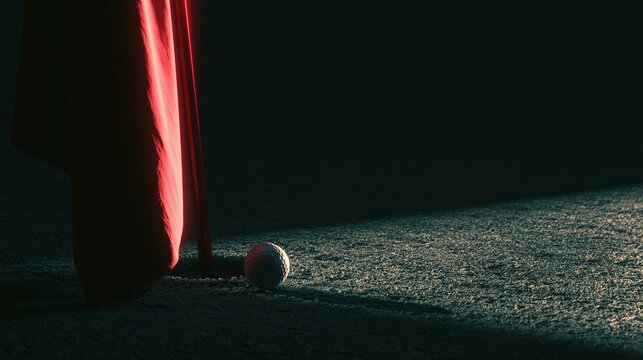 White golf ball sits right beside golf hole with red flag on green grass under narrow beam of warm light in dark moody dramatic golf course scene