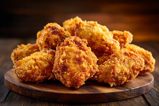 Golden brown crispy fried chicken pieces piled on a wooden board, ready to be enjoyed. The delicious aroma and satisfying crunch make this a popular comfort food