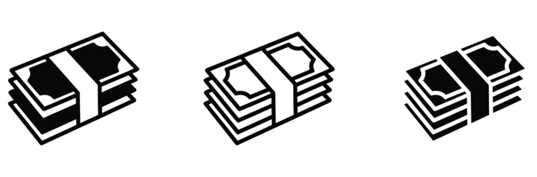 Three black and white icon variations of stacks of money bills