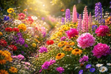Obraz premium Various flowering plants blooming with lively petals in colorful garden setting
