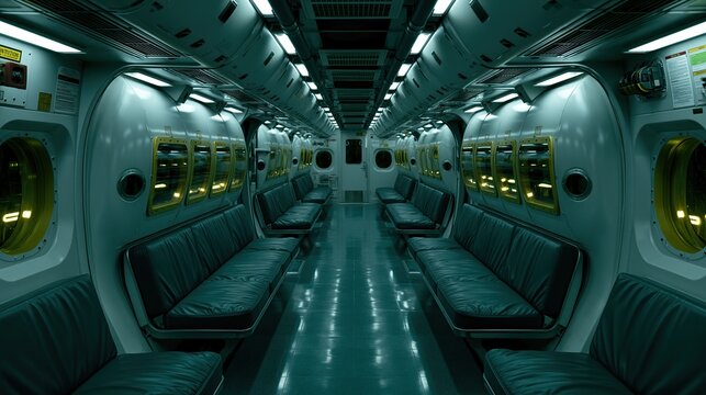 Empty symmetrical passenger cabin interior inside a military submarine with dark leather seats and round viewing portholes in cool muted green tone