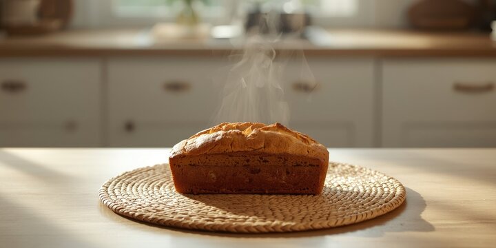 Freshly Baked Banana Bread Loaf Cooling Kitchen Counter, Warm Light, Woven Placemaking