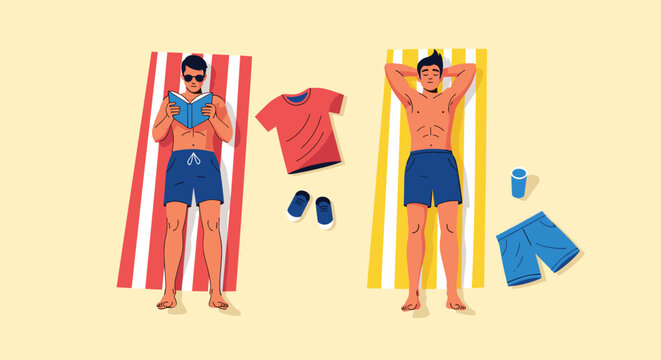 Two young men relaxing on beach towels under the sun on a sandy beach with accessories like sunglasses book and drinks for vacation.