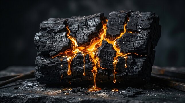 Molten liquid gold glowing through cracks in dark burnt charcoal log
