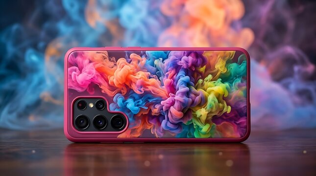 Pink Mobile Phone Protective Cover with Colorful Abstract Smoke Pattern on Wooden Table