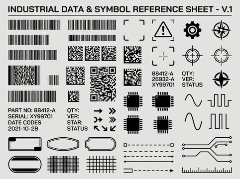Industrial barcode and symbol reference sheet with various data codes and graphics displayed
