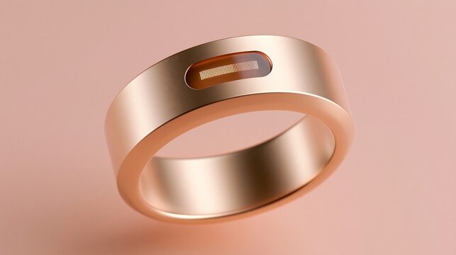 Ein ros&eacute;goldener Smart Ring mit kleinem Display liegt auf einem hellrosa Hintergrund.