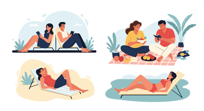 Collection of people enjoying outdoor leisure activities like reading on lounge chairs having a picnic and sunbathing by the water pool.