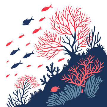 Ocean coral reef landscape with shoals of fish underwater wildlife tropical