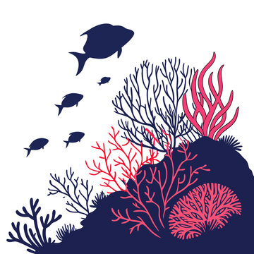Underwater coral reef scene with tropical fish silhouettes underwater wildlife
