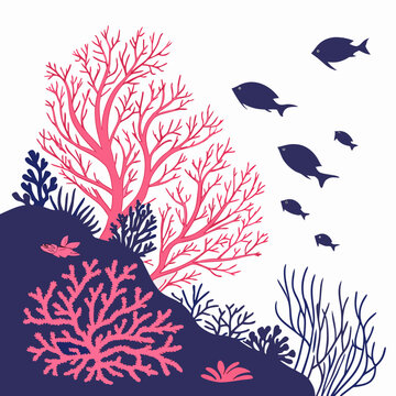 Stylized coral reef ecosystem illustration with tropical fish, underwater
