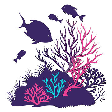 Colorful underwater coral reef graphic with marine fish underwater wildlife