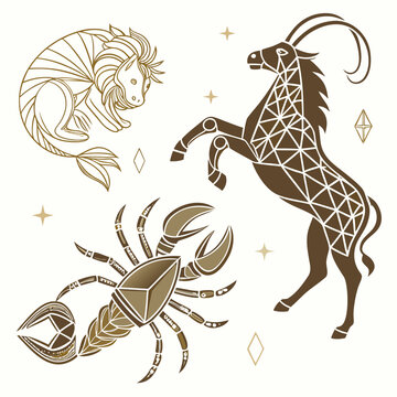 Gold zodiac symbol collection featuring capricorn lion and scorpio, capricorn