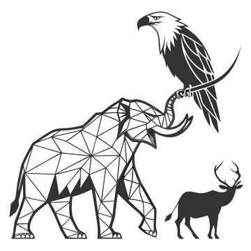 Geometric elephant and eagle graphic with silhouette deer elephant geometric