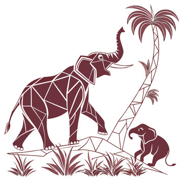 Elephant family in savanna scene graphic line art with elephant, wildlife