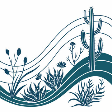 Stylized desert landscape with cactus and wildflowers minimalist graphic