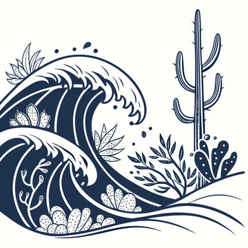 Surreal ocean wave and desert cactus scene graphic illustration with blue ocean