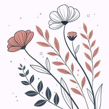 Minimalist botanical floral illustration with soft pink and dark green tones