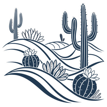 Desert garden illustration featuring diverse cactus varieties and wavy dunes