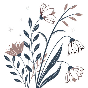 Elegant floral composition with butterflies and muted earthy tones, botanical