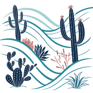Abstract desert landscape with cactus and wavy background patterns, plant life