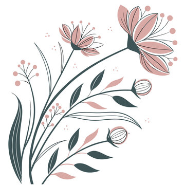 Modern floral illustration featuring stylized flowers and berries, botanical