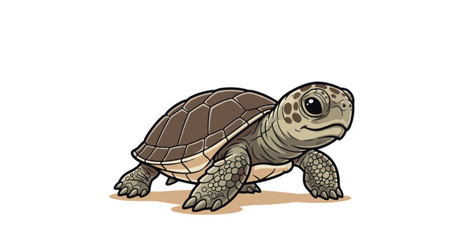 Vector illustration of a small baby sea turtle hatchling crawling across a textured sandy beach, featuring detailed shell patterns and flipper tracks on the shoreline ground.