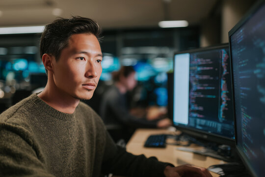 Software Developer Working With AI Code on Multiple Screens in Modern Office at Night