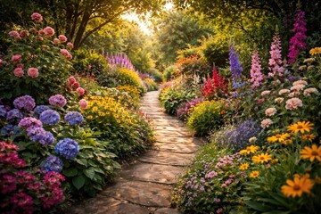 Fototapeta premium Picturesque walkway featuring diverse flowers and lush foliage in a vibrant garden atmosphere