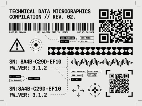 Technical data micrographics compilation with barcode and QR code details