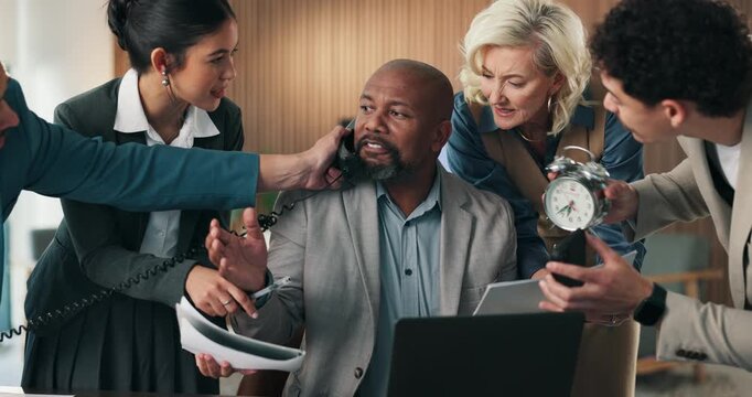 Multi tasking, documents and businessman in office with chaos for finance project with stress. Heavy workload, phone call and mature male financial manager with colleagues for investment proposal.