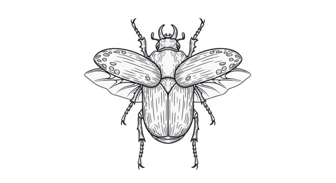 Detailed black and white line art vector illustration of a beetle insect, featuring intricate symmetrical patterns, anatomical details, antennae, and legs on a white background.