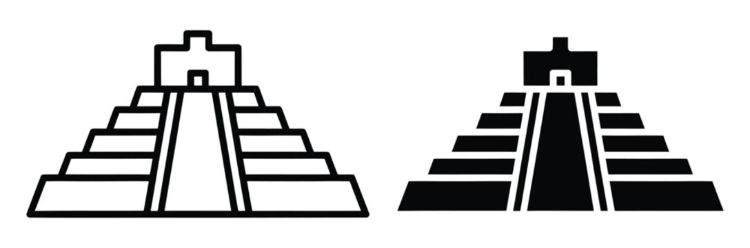 Pyramid icons, Mayan temple symbols, Ancient Mesoamerican architecture, Black and white illustrations, Vector graphics