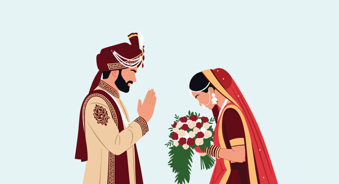 Traditional Indian wedding couple in beautiful ceremonial ethnic attire showing respect with a namaste gesture and holding a bridal bouquet.