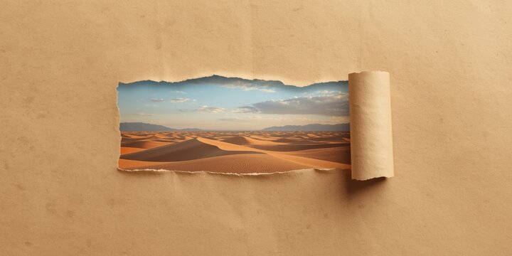 Brown paper partially torn to expose a serene desert with distant mountains and soft clouds