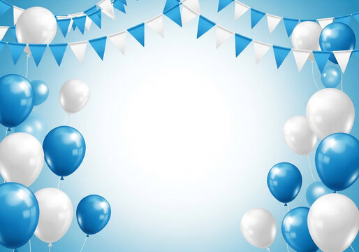 Floating blue and white balloons with triangular flags background