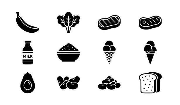 Nutrition Food Group Black Icons Vector Featuring Fruits Vegetables Protein Dairy and Desserts