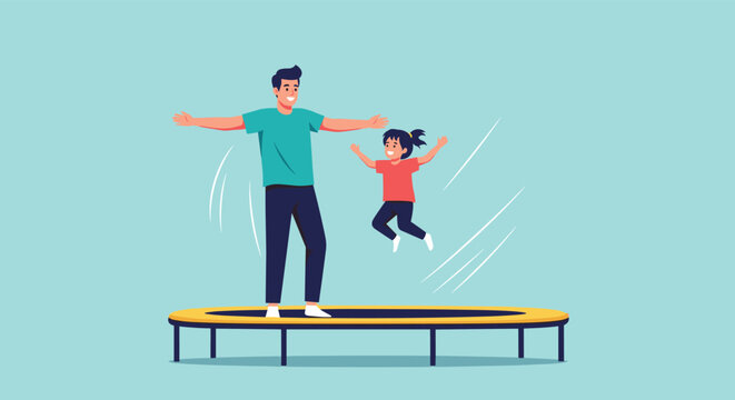 Happy father and daughter jumping high on a yellow trampoline in the backyard representing family fun physical activity and healthy lifestyle.