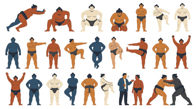 Flat vector illustration set featuring 30 distinct sumo wrestlers in traditional poses, including fighting stances, ceremonial leg stomps, and Mawashi attire on a white background.