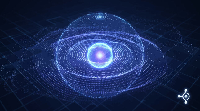 Glowing blue orb surrounded by concentric circles in digital space environment