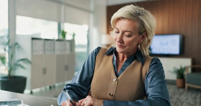 Virtual meeting, face and mature businesswoman in office, greeting or recruitment process on website. HR, writing and person with smile for job interview, onboarding and pov of online discussion
